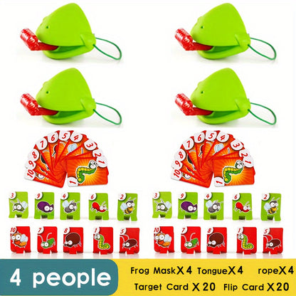 Interactive frog tongue-action game set for kids aged 3-6 includes masks, tongues, target sheets, and numbered tiles. Educational board game made of plastic for 2-4 players.