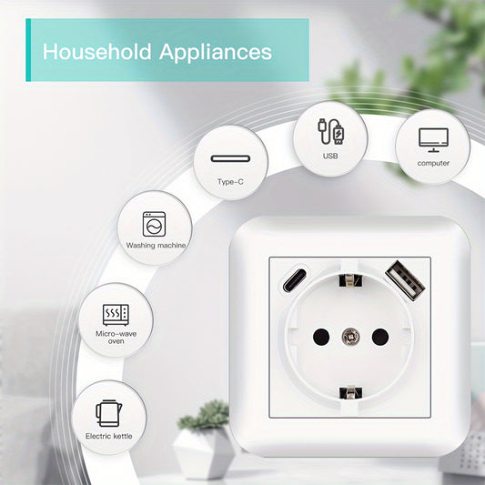 EU Standard 16A Wall Power Socket with USB Port, Type-C, and Flame Retardant Panel in Black/White/Grey - Ideal for Home Appliances, Rounded Edge Design.