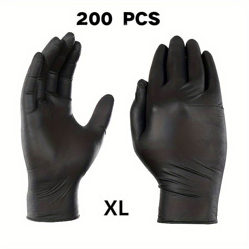 This pack includes 200 black disposable nitrile gloves that are powder and latex-free. They are waterproof and suitable for various activities such as kitchen cooking, bathroom and living room cleaning, pet outdoor use, tattoos, condiments, and haircuts.