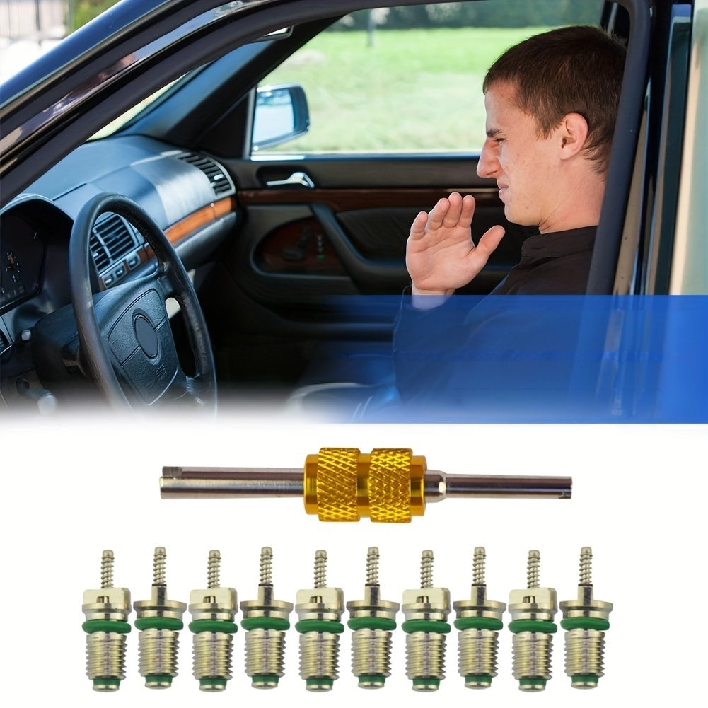 Maintenance kit for automotive air conditioners, featuring a set of 10 high-pressure green valve cores made of brass. Includes dual-headed replacements, no electricity needed.