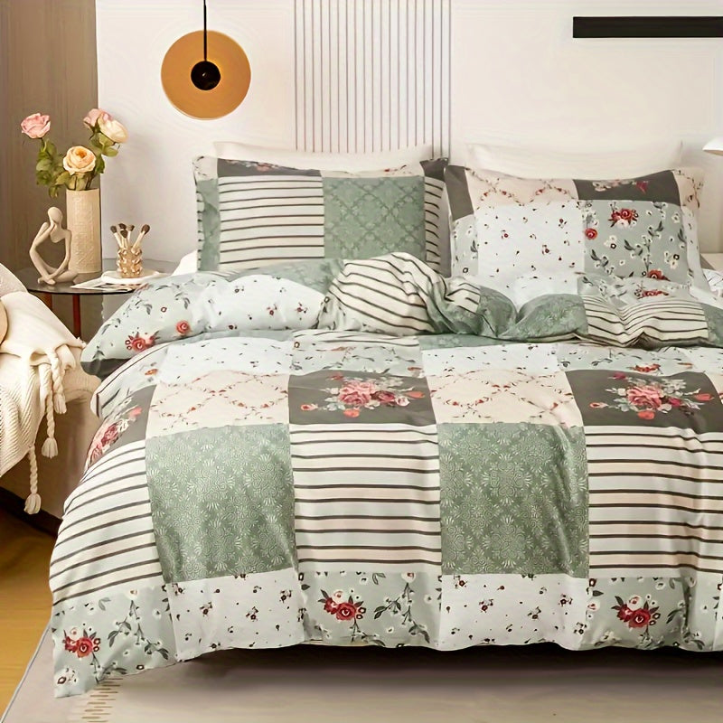 King Size Duvet Set with Elegant Floral & Geometric Prints - Includes 1 Duvet Cover and 2 Pillowcases, Made of Soft Polyester with Zip Closure, Machine Washable for All-Season Comfort in Bedroom & Guest Room, Set of 3 Pieces