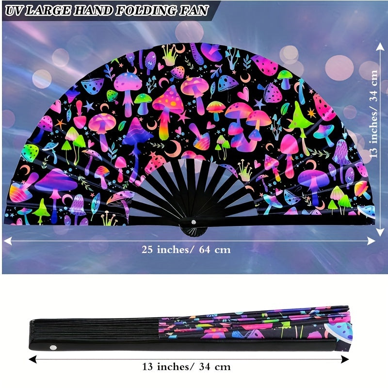 Bamboo Hand Fan with UV Glow Mushroom Design - Ideal for Music Festivals, Raves, Disco Parties, and Neon Events