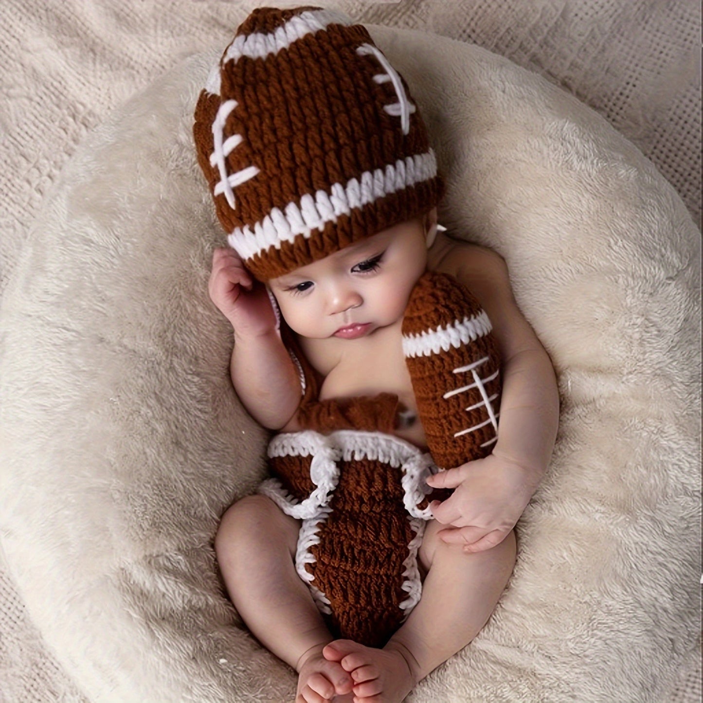 Crochet Football Photo Prop Outfit Set for Newborns - 3-Piece Knitted Costume perfect for 0-3 Years, made of Polyester for a memorable keepsake.