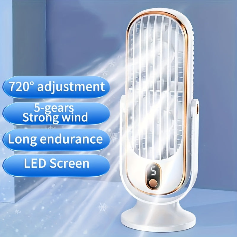 Introducing the 2023 New Arrival 1pc Desktop Tower Fan for Home Office Use! Stay cool with this powerful electric fan that offers strong wind cooling. Featuring a USB wireless rechargeable design, LED display, and 5-speed adjustment, this tower fan is a