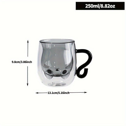 Double-walled glass coffee mug with cat design - reusable cup for hot and cold drinks - ideal gift for birthdays or holidays.