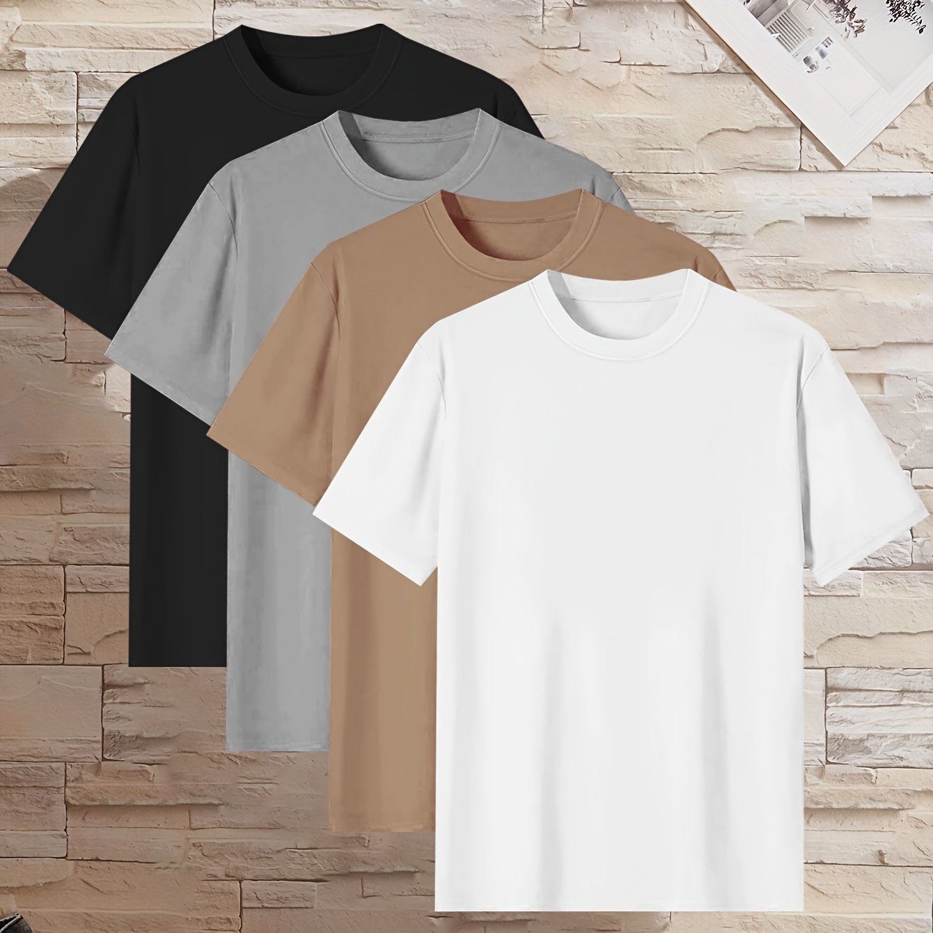 4 men's short sleeve t-shirts in solid colors - casual polyester loungewear, crew neck, machine washable, perfect for summer lounging.