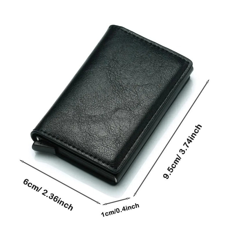 Sleek men's wallet with RFID-blocking technology, made of ultra-thin aluminum alloy with multiple card slots and stylish metal design.