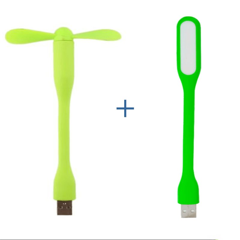 Mini USB fan with flexible bendable design for cooling, includes USB LED light for power bank, notebook, and computer. A summer gadget.