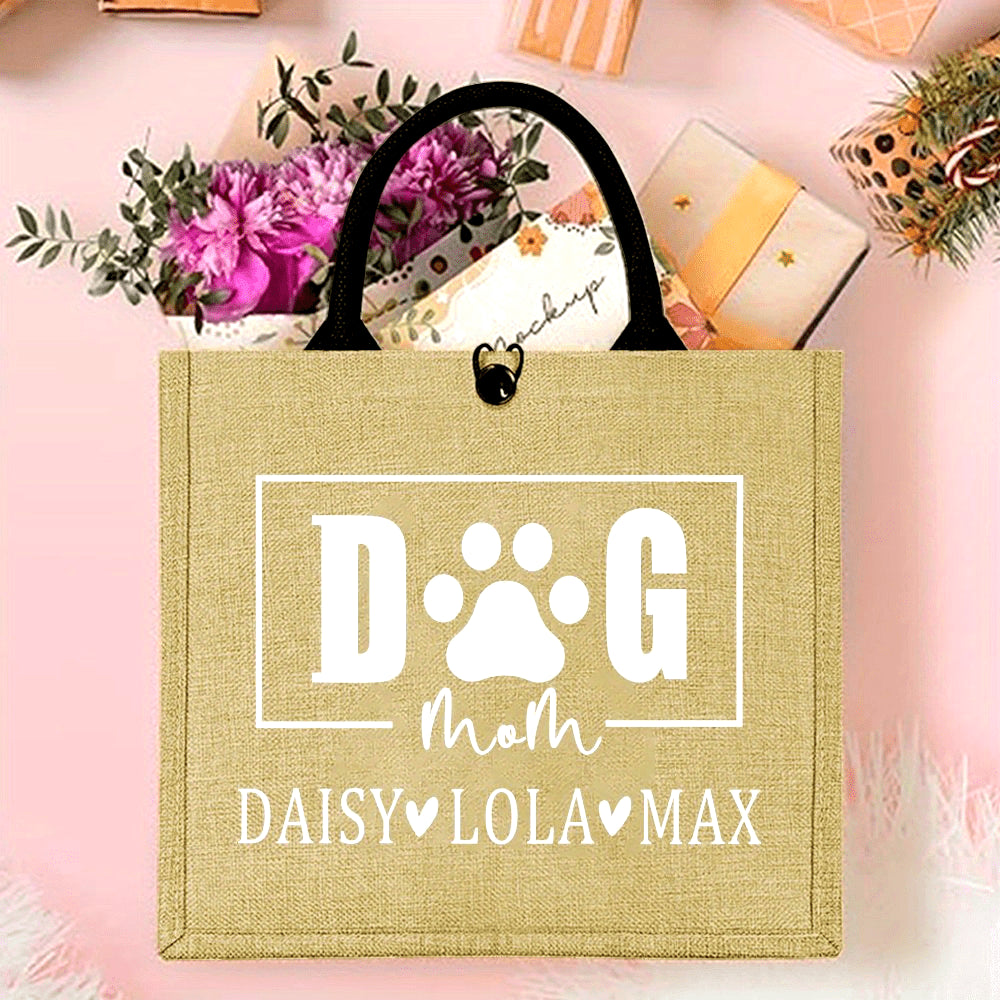 Personalized "Dog Mom" Tote Bag for Pet Owners, Made with Fashionable Jute Fabric, Features Durable Shoulder Strap and Snap Button Closure, Lightweight and Easy to Care for, Perfect Gift for Pet Lovers.