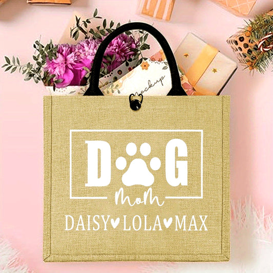 Personalized "Dog Mom" Tote Bag for Pet Owners, Made with Fashionable Jute Fabric, Features Durable Shoulder Strap and Snap Button Closure, Lightweight and Easy to Care for, Perfect Gift for Pet Lovers.