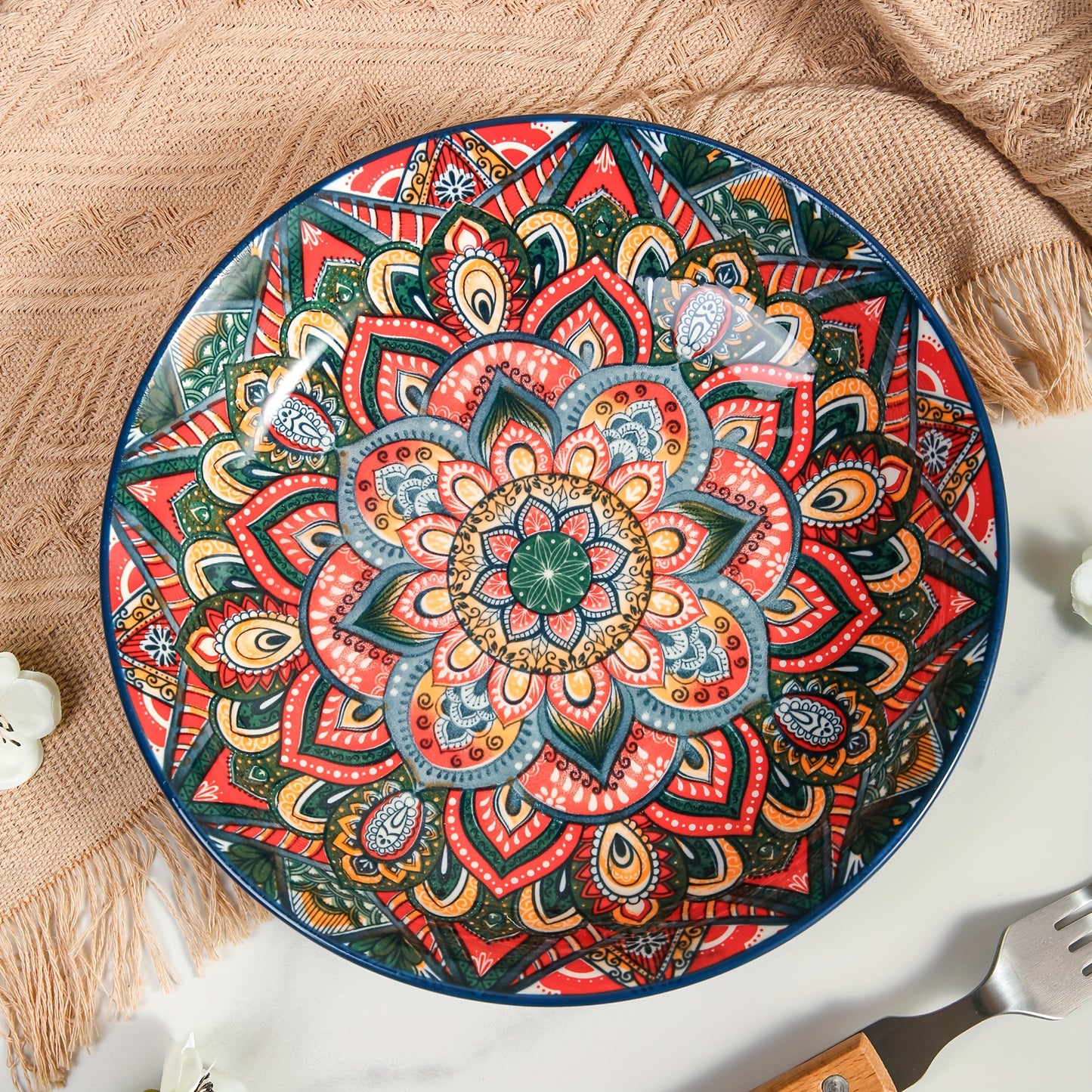 1pc 8-inch Bohemian Style Ceramic Dinner Plate suitable for home and restaurant use. Microwave safe.