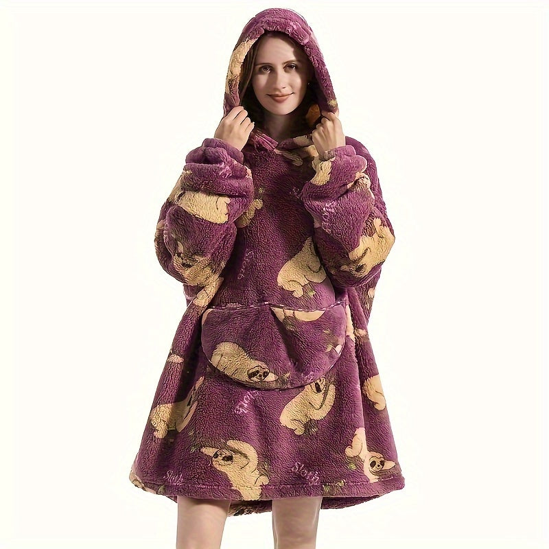 Animal-Themed Cozy Fleece Hooded Wearable Blanket - Reversible, Hand-Wash Only - Ideal for Outdoor Adventures and Home Relaxation