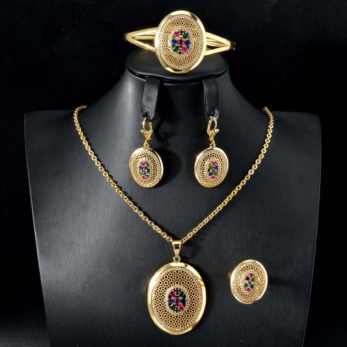 Diana's exquisite copper jewelry set featuring synthetic zirconia - a timeless Valentine's Day gift for her that is also ideal for weddings and parties. This luxurious ensemble includes a dazzling multicolor zirconia necklace, earrings, ring, and