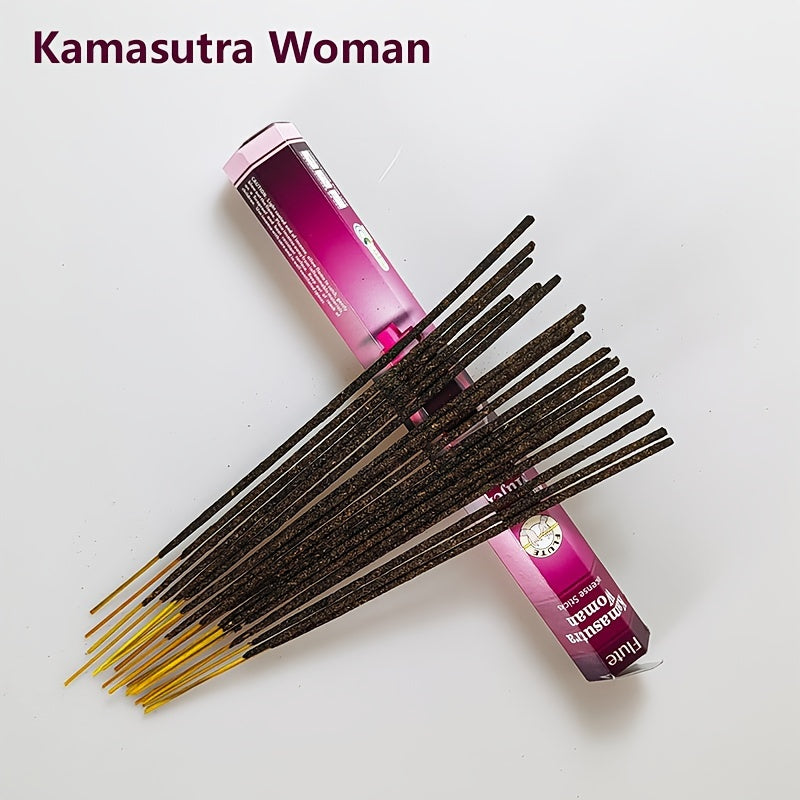 Box of 20 incense sticks in assorted fragrances like Vanilla, Sandalwood, Cherry, Women's, White Rose Yoga, and Lavender. Ideal for yoga, meditation, and home decor. Experience the scents of India.