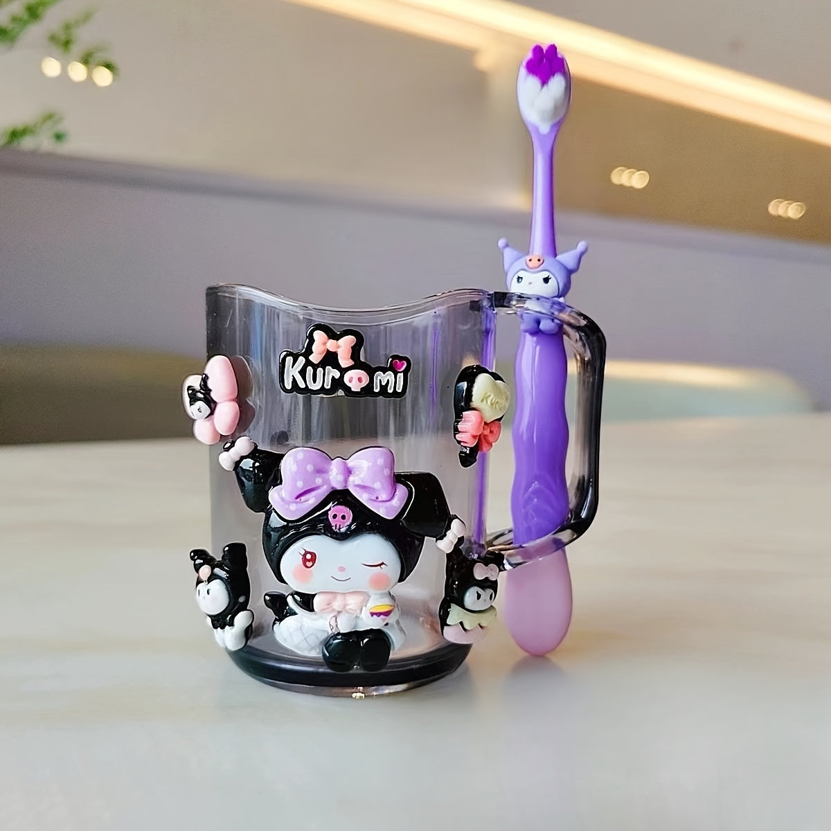 2pcs Sanrio Cute Cartoon Kuromi, Melody toothbrush holder set made of durable PP material for both men and women. Includes mouthwash cup and toothbrush.