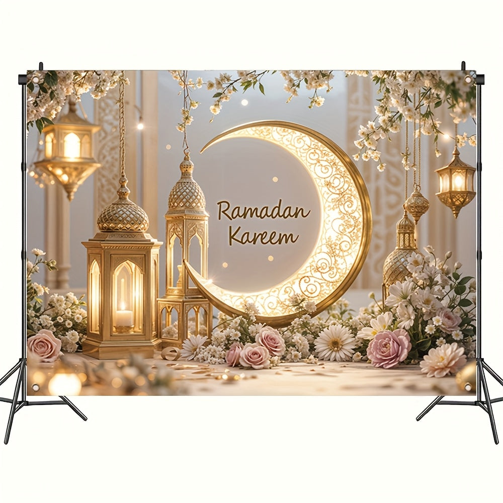 1pc Elegant Ramadan Mural Banner, Polyester with Golden Crescent Moon and Lantern Design, Durable Wall Decor for Room and Party, Festive Home Decoration for New Year and Eid Al-Fitr