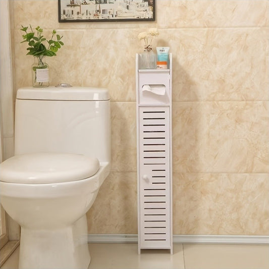 3-tier bathroom storage cabinet with drawers and toilet paper holder. 59.0 cm tall, freestanding, no power needed.