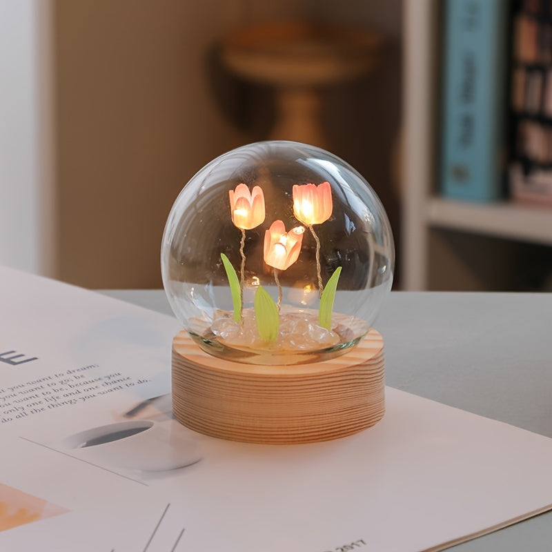 Modern handmade glass tulip night light with switch control. Perfect gift for Mother's Day or birthday. Battery-powered (battery not included).