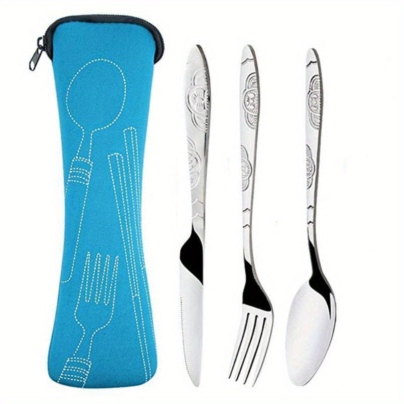 3-piece stainless steel camping cutlery set with portable bag