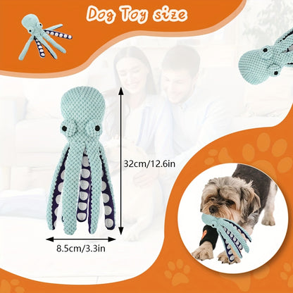 Interactive plush octopus dog toy makes sounds and is suitable for all breeds, no batteries needed.