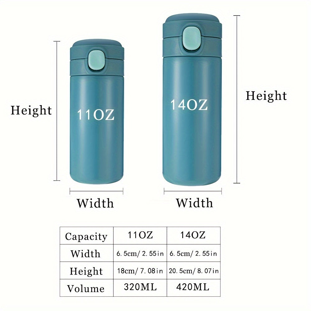 Customized stainless steel water bottle with laser-engraved text, sizes 7-320ml/11-420ml, pop-up lid for easy use, ideal for sports and travel.