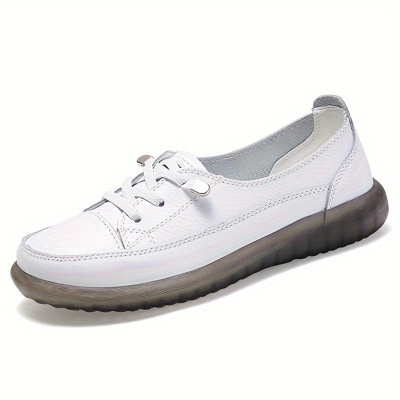 Women's Genuine Synthetic Leather Sneakers in White, Red, and Black options. Lightweight, non-slip, soft sole for all-season casual wear. Classic lace-up design with durable PVC sole.