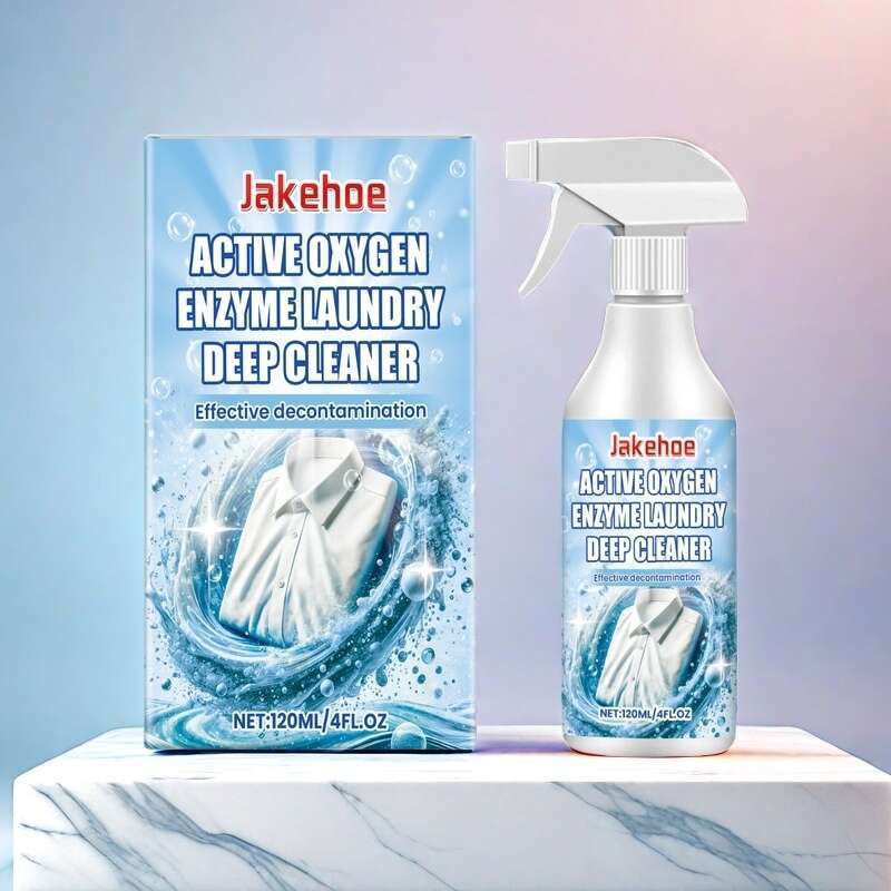 Jakehoe Active Oxygen Enzyme Laundry Deep Cleaner, 120ml size, enhanced with Sodium Bicarbonate for fabric cleaning effectiveness. This smokeless liquid detergent is perfect for removing stains and dirt, with added decontamination spray for a deeper