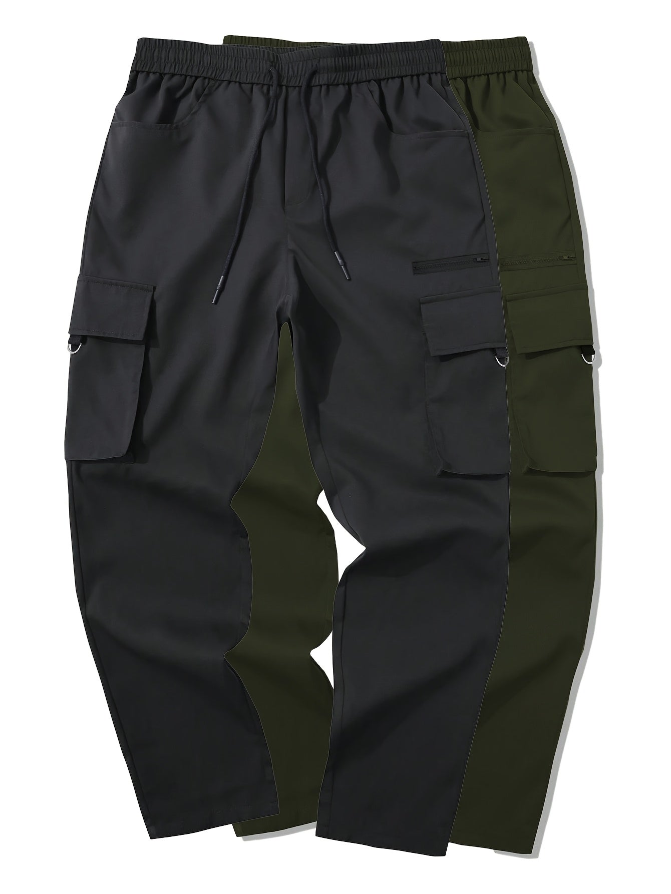 2 men's cargo pants in black and gray with drawstring waist, multiple pockets, made of durable polyester. Perfect for outdoor activities and casual wear.