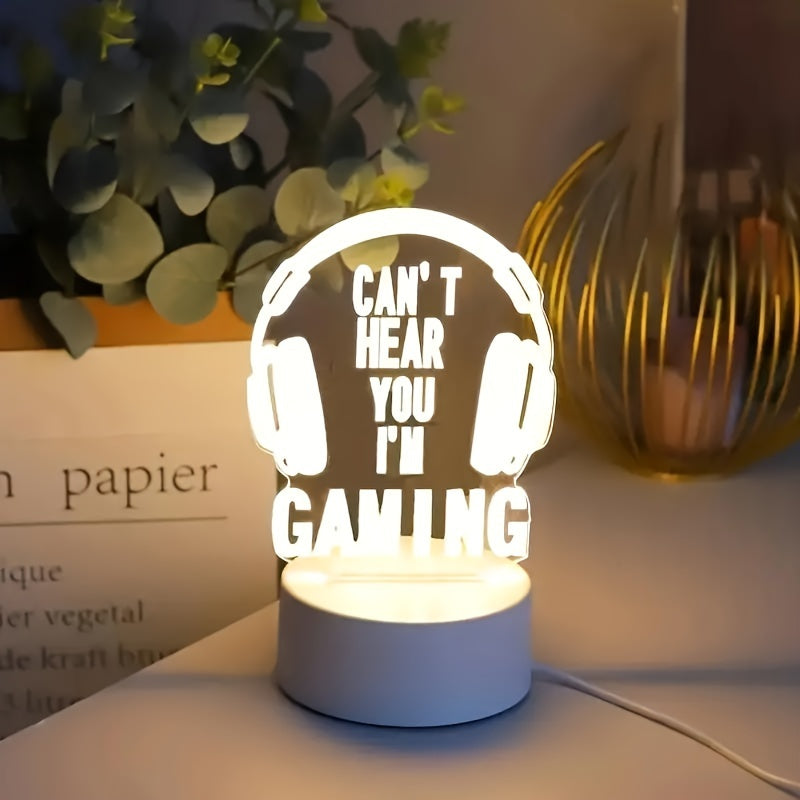 Modern USB-powered 3D gaming headset LED night light with striped design, ideal for desk and bedside decor - the perfect gift for gamers.