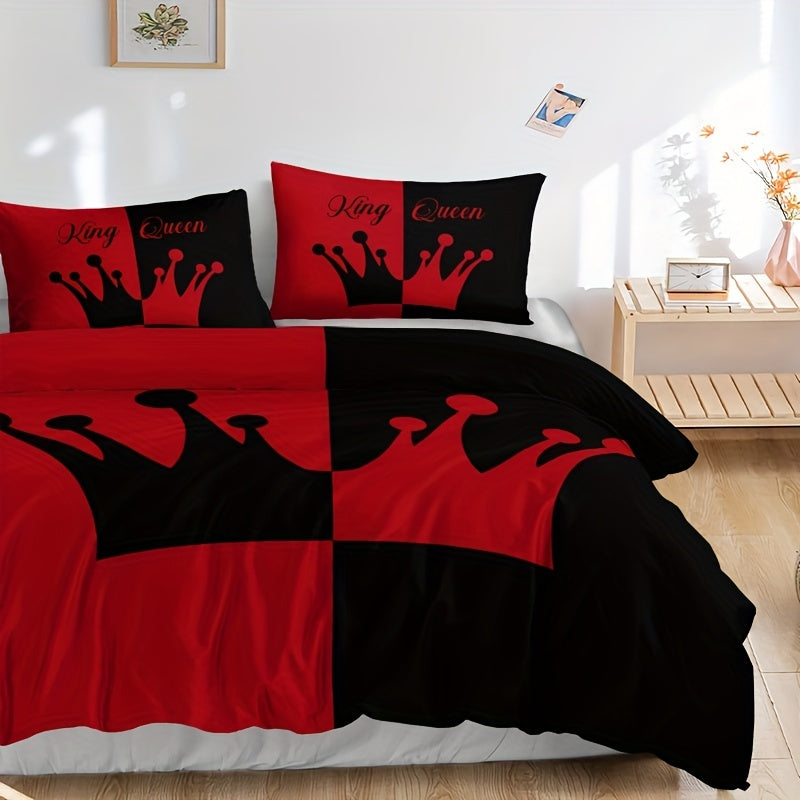 Black and red crown pattern bedding set includes 3 pieces: 1 duvet cover and 2 pillowcases. Soft and perfect for bedroom or guest room. Duvet cover set does not include core.