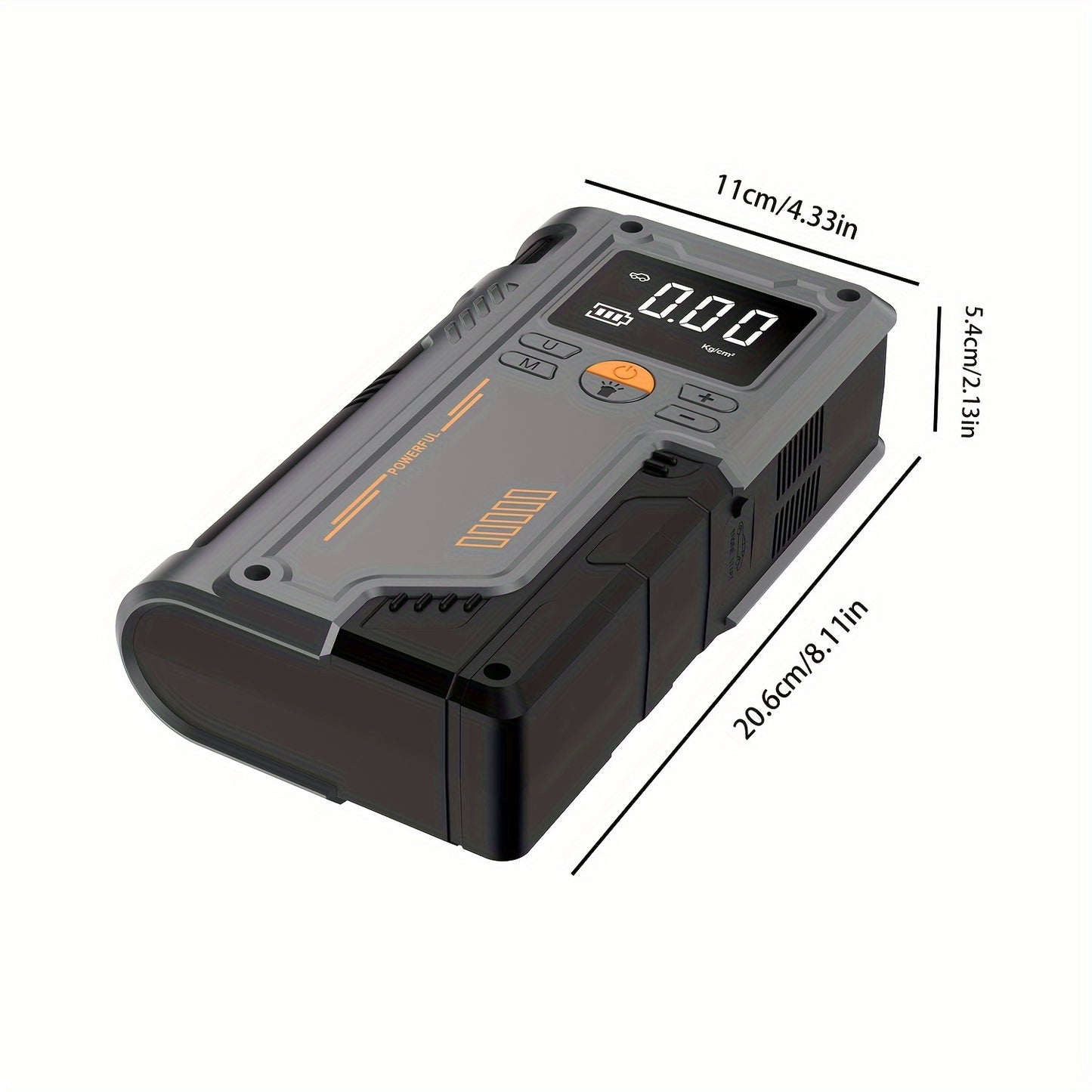 Jkuoo Portable Car Jump Starter and Tire Inflator - USB rechargeable, with LED display, flashlight, and power bank.