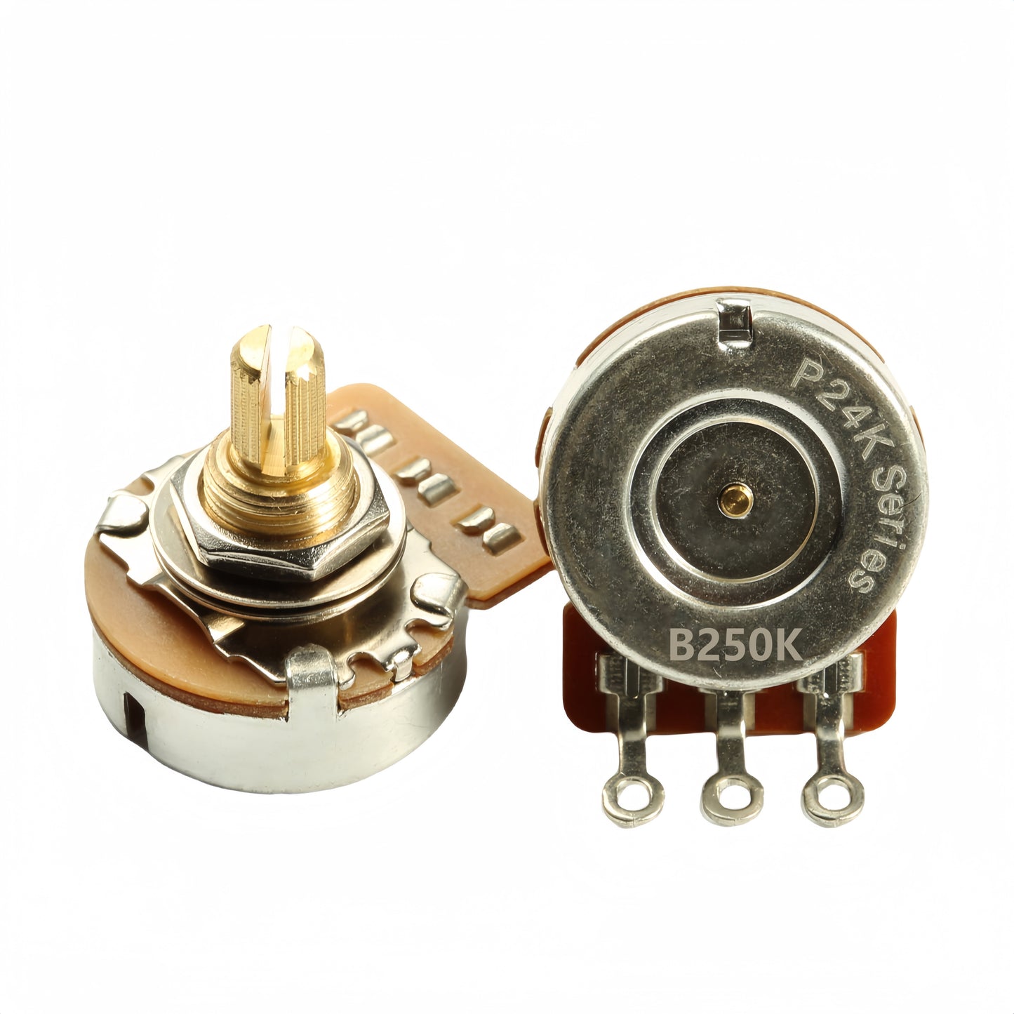 Two Brass Guitar Potentiometers - 3/8" Short Shaft, 15.5mm, 250k/500k Options for Electric & Bass Guitars, Low Noise, Smooth Performance, 24-tooth Copper Bass