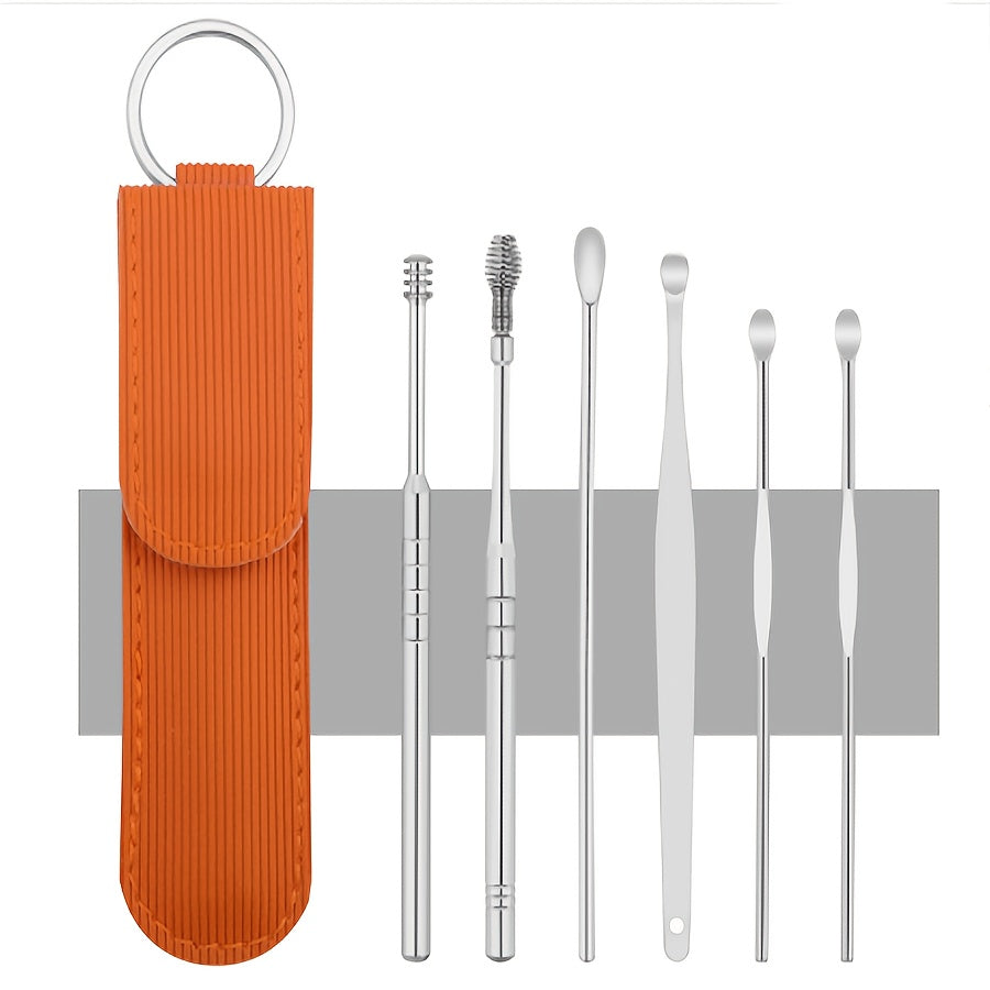 Durable stainless steel ear cleaning set with rotating cleaning stick and storage bag. Safe and convenient for home and travel use, makes a great holiday gift.