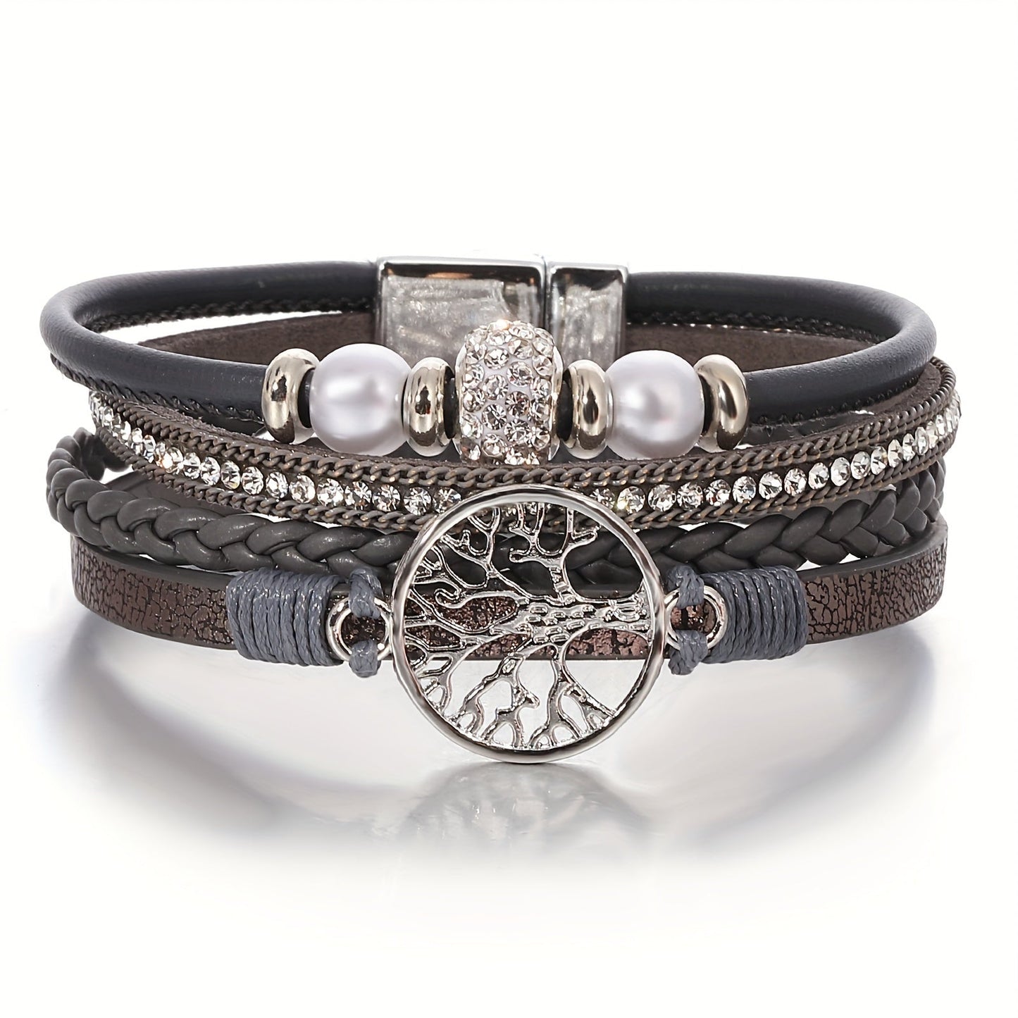 Chic Multi-Layer Faux Leather Wristband with Tree of Life Charm and Sparkling Rhinestones, Perfect for Everyday Wear or as a Thoughtful Birthday/Friendship Gift - Set of One