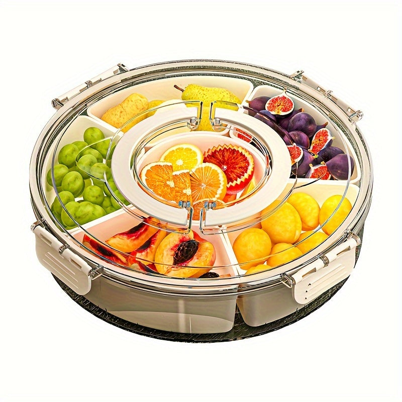 Rotating snack tray with lid for food storage and display, perfect for home, parties, and holidays. Safe for food contact, suitable for various occasions. Ideal for nuts, dried fruit, candy.