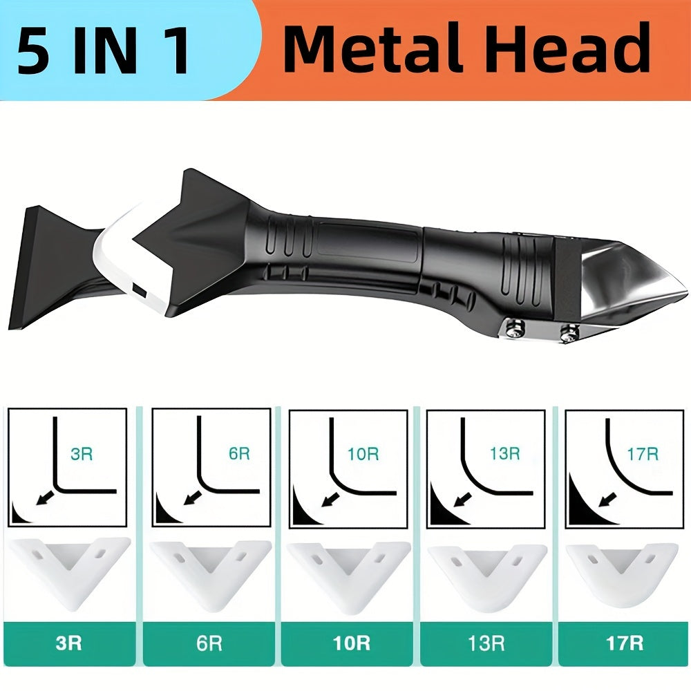 Silicone Scraper Tool Kit: A versatile 5-in-1 tool for surface cleaning, silicone removal, and scraping action. Features a stainless steel blade, exchangeable pads, and is perfect for use in the bathroom, kitchen, floors, windows, and sinks.