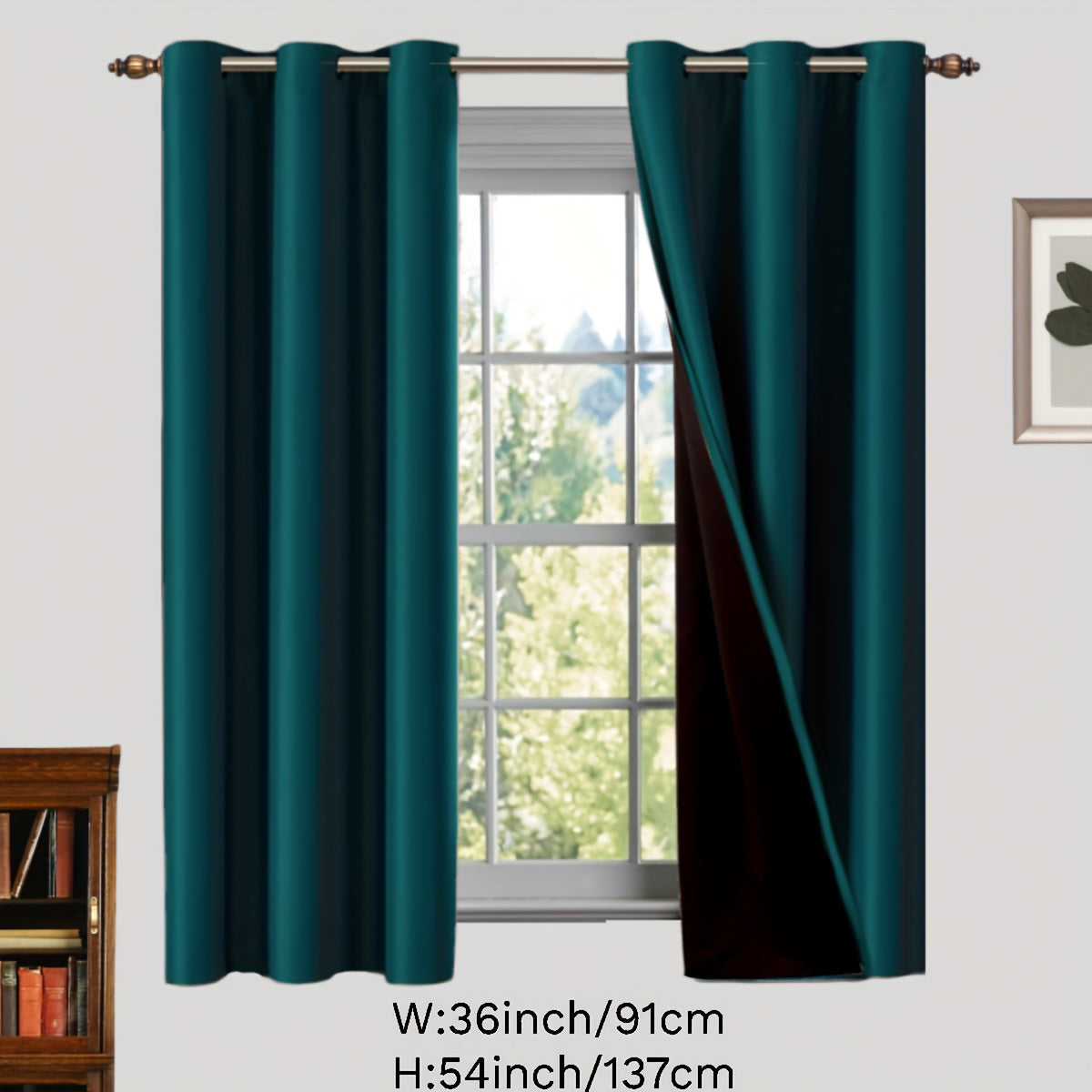 Two pieces of 100% blackout curtains made from polyester, coated and insulated with a grommet top design. Perfect for bedroom, living room, and home decor.