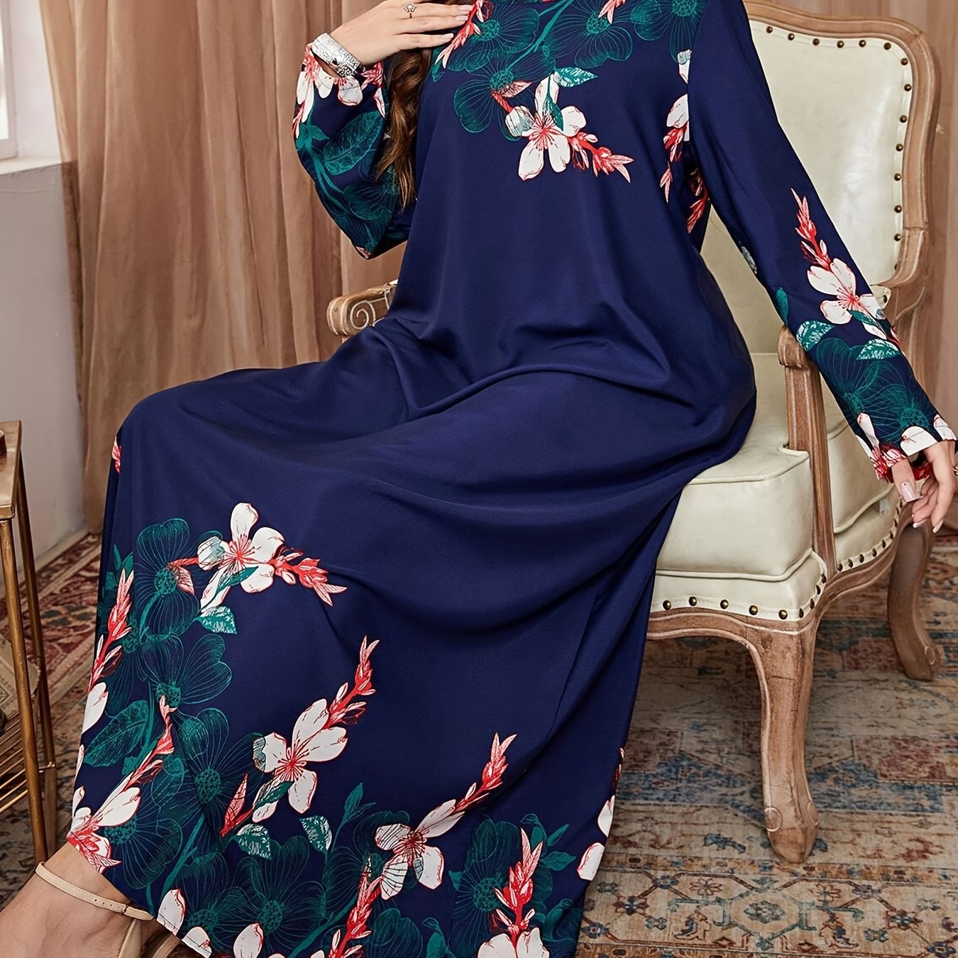 Floral Ankle Length Dress with Long Sleeves, Perfect for Spring & Fall, Plus Size Women's Clothing