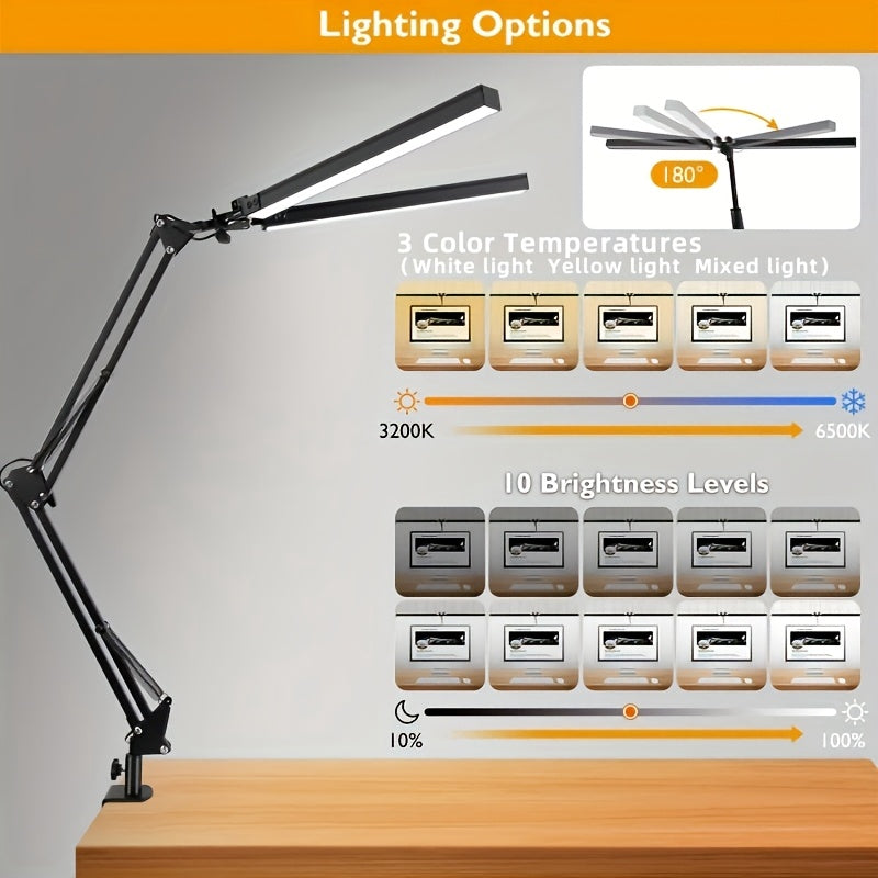 Ultra Wide Double Head LED Desk Lamp with Clamp, 3 Color Modes, 10 Stepless Dimmable, USB Powered