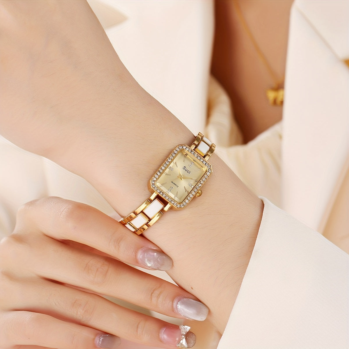 Chic square crystal luxury women's watch with minimalist design, quartz movement, zinc alloy strap, ideal Ramadan gift.