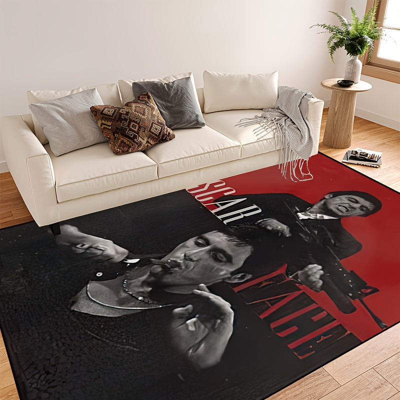 Area rug featuring a scarred man with a cigar and gun design, made of durable polyester, non-slip, and machine washable. Perfect for use in the living room, bedroom, hallway, or even outdoor spaces. Available in various sizes: 15x23, 19x31, 31x47, 39x59