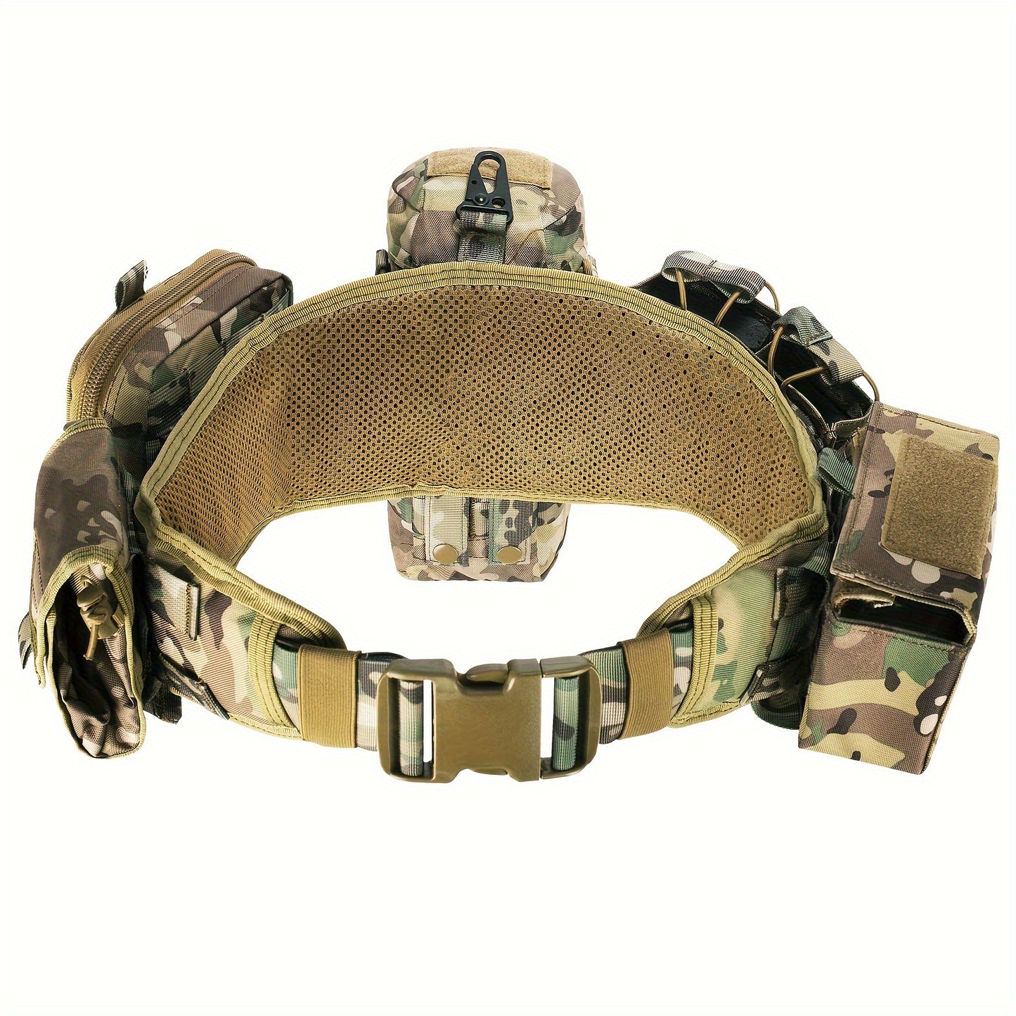 BOMTURN Tactical Utility Belt Set with MOLLE System includes 7 pieces of camouflaged polyester gear suitable for hunting and fishing.