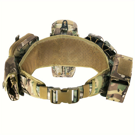 BOMTURN Tactical Utility Belt Set with MOLLE System includes 7 pieces of camouflaged polyester gear suitable for hunting and fishing.