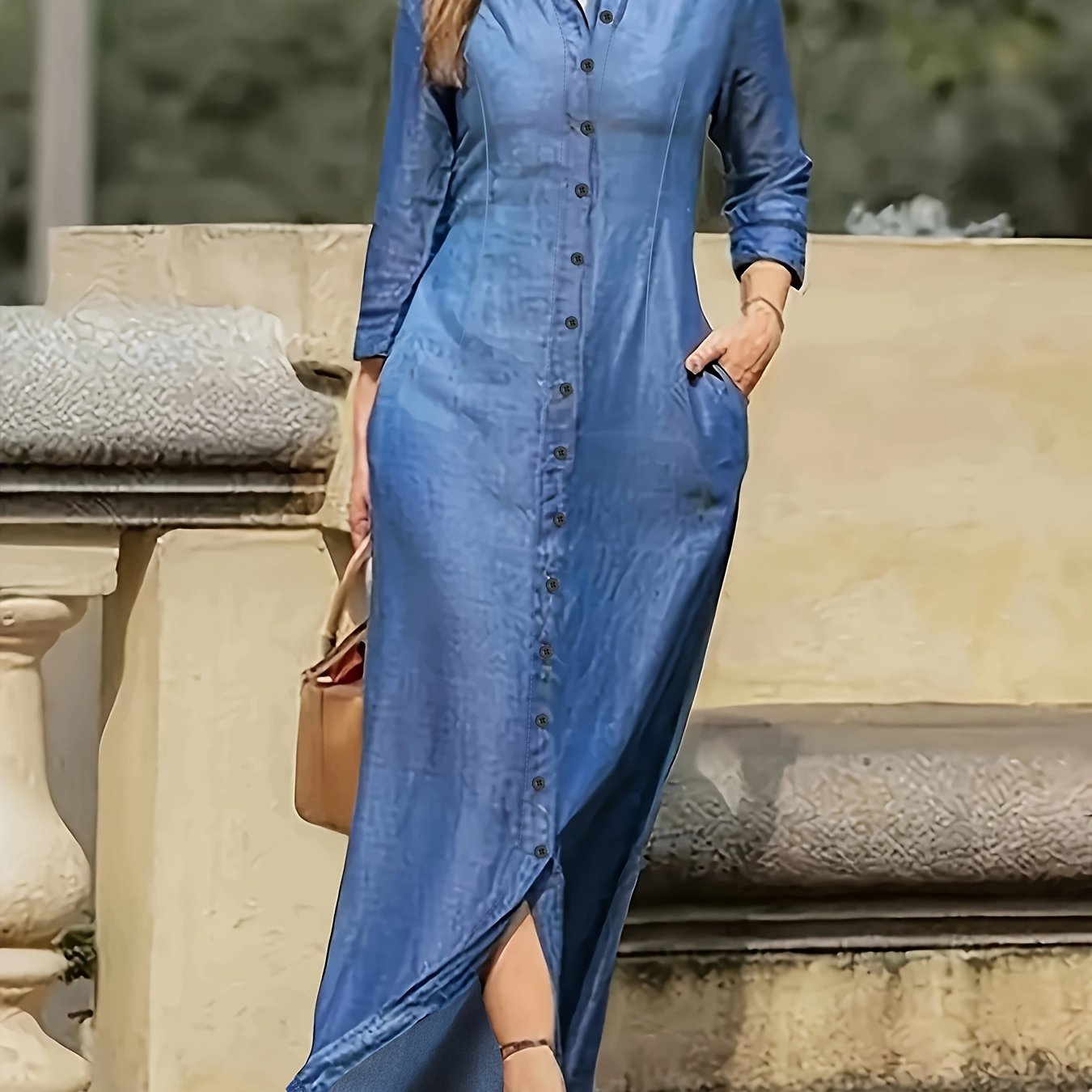 Solid maxi dress with button front, long sleeve and collar.