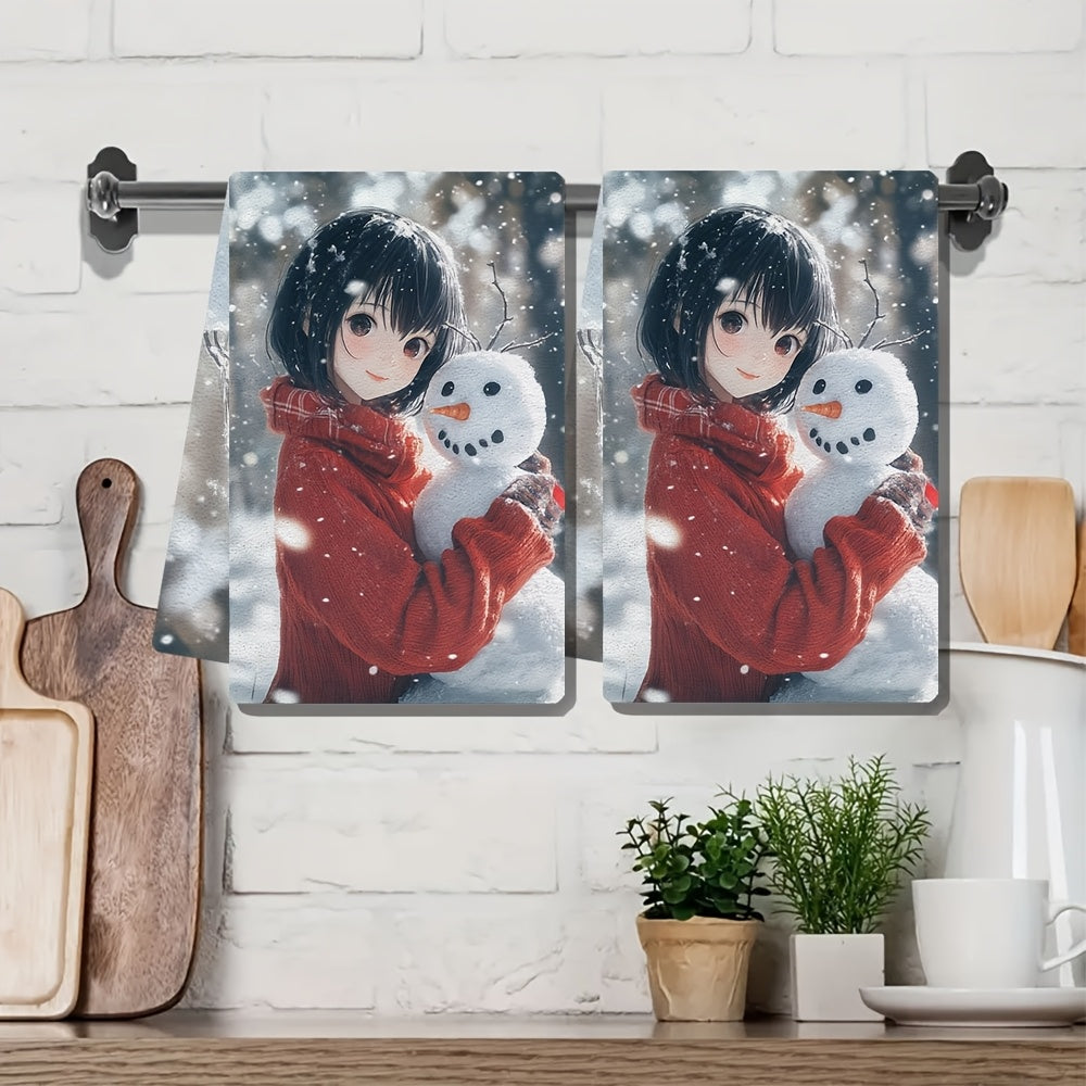 2 pieces of Kitchen Towels with ultra soft, highly absorbent material. Featuring a charming anime girl with short black hair and a red sweater making a snowman in the winter. Perfect for holiday decor, machine washable, and measures 16x24 inches. Item