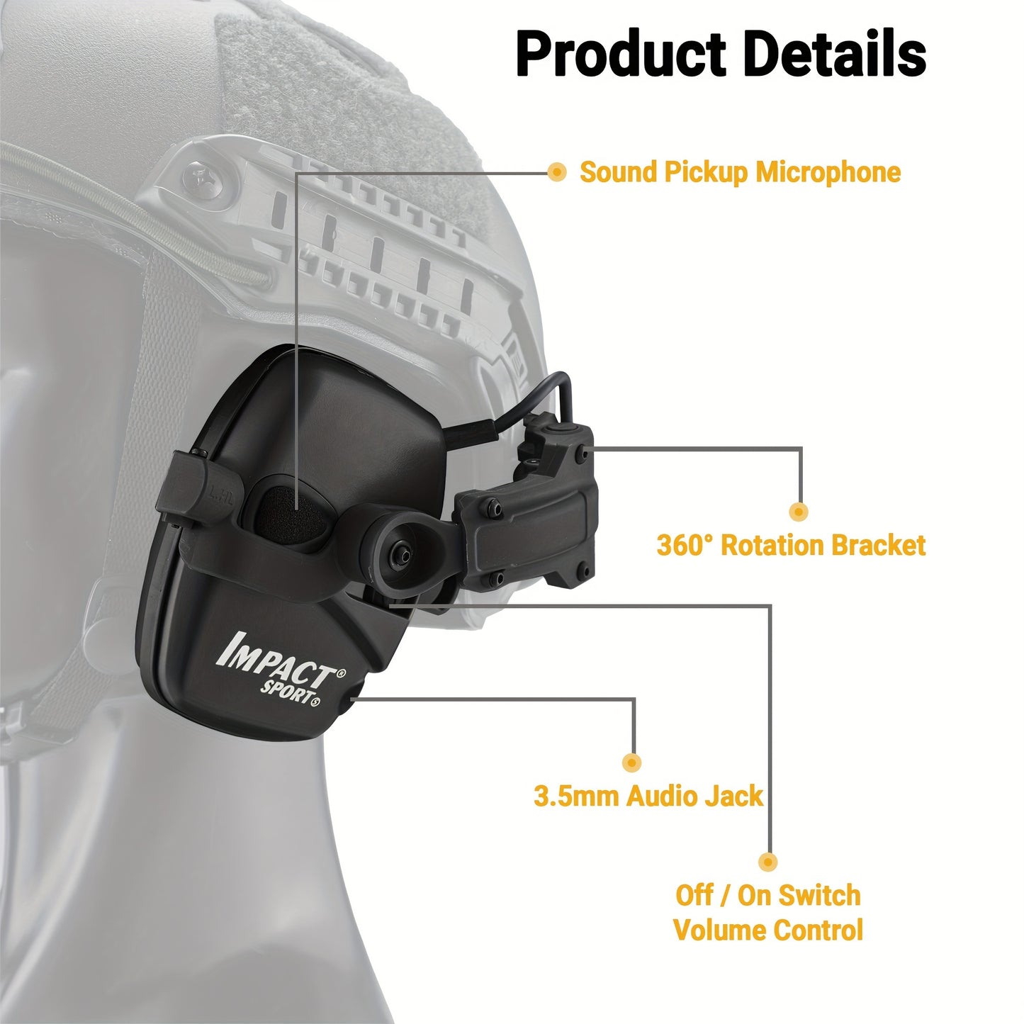 Helmet-mounted tactical shooting earmuffs with electronic sound pickup, active noise reduction, and no battery requirement.