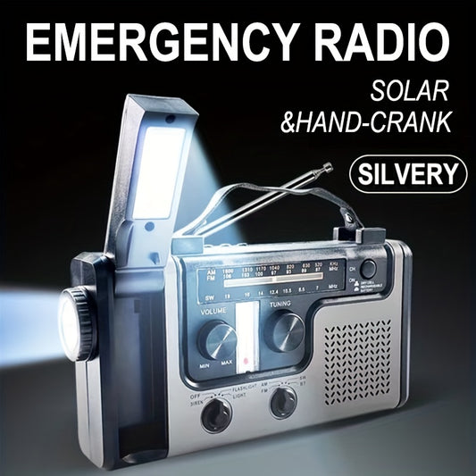 Hand crank emergency radio with AM/FM/SW bands, flashlight, siren, reading light, and mobile phone charger.