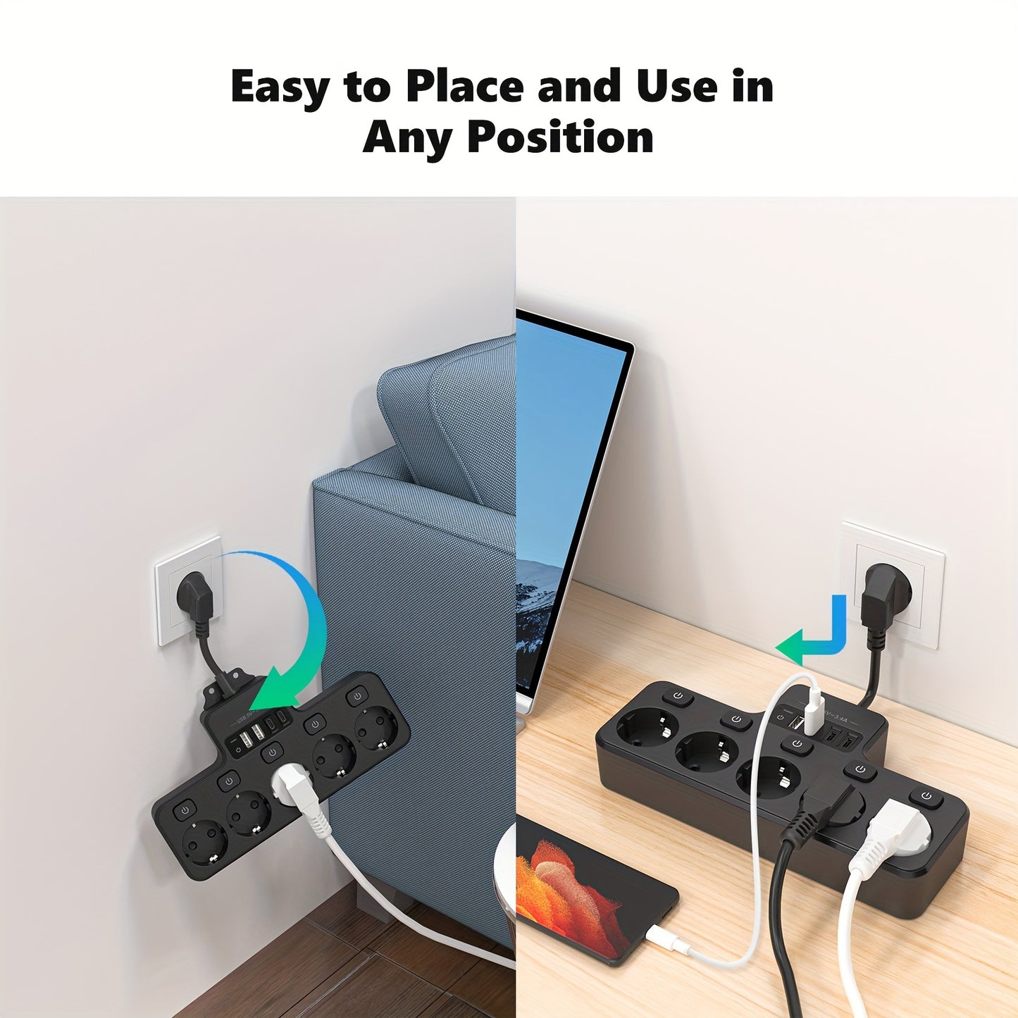 Power strip with 5 EU sockets, 2 USB-A ports, and 2 USB-C ports, smart charging, individual switch, flexible cable, wall-mounted for home, office, dorm use.