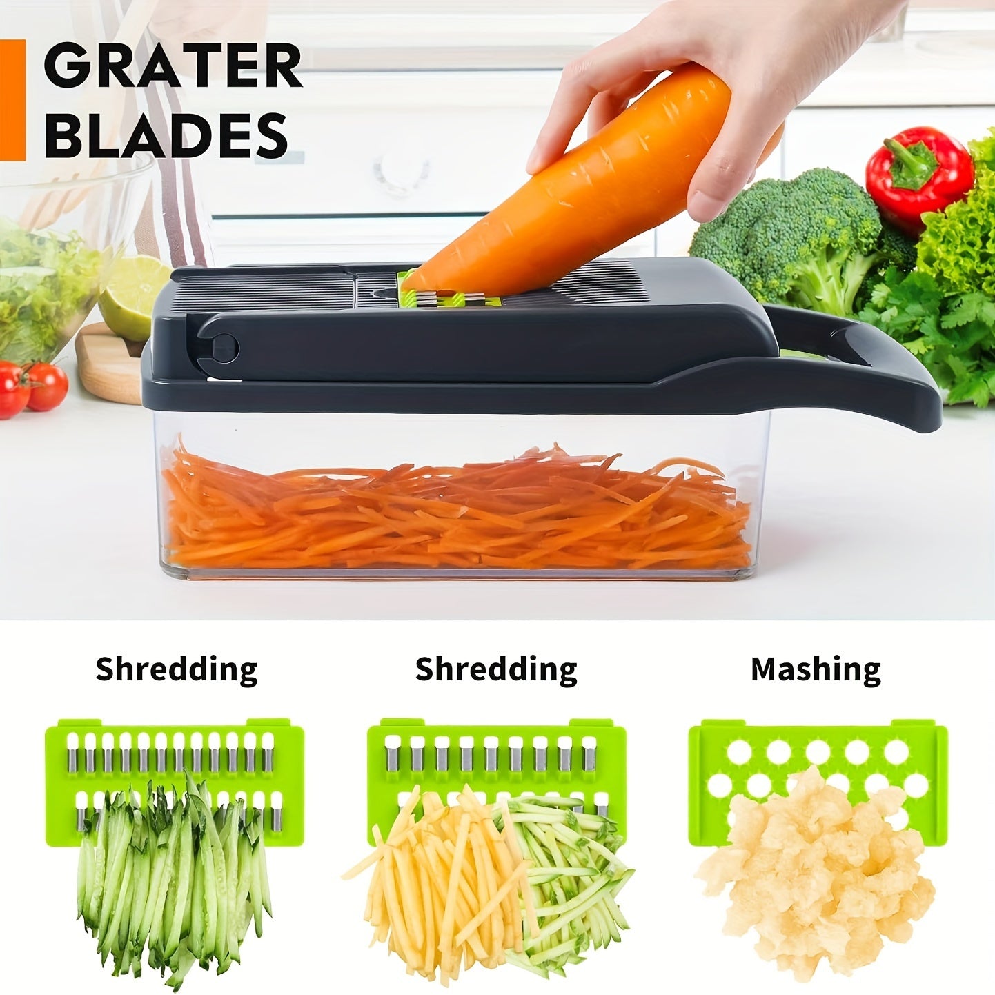 Get ready for all your holiday cooking with the 16-in-1 Multifunctional Vegetable Chopper & Slicer Set! This set includes 8 blades, an onion mincer with a container, making it perfect for Halloween, Christmas, Easter, and Thanksgiving meals. This