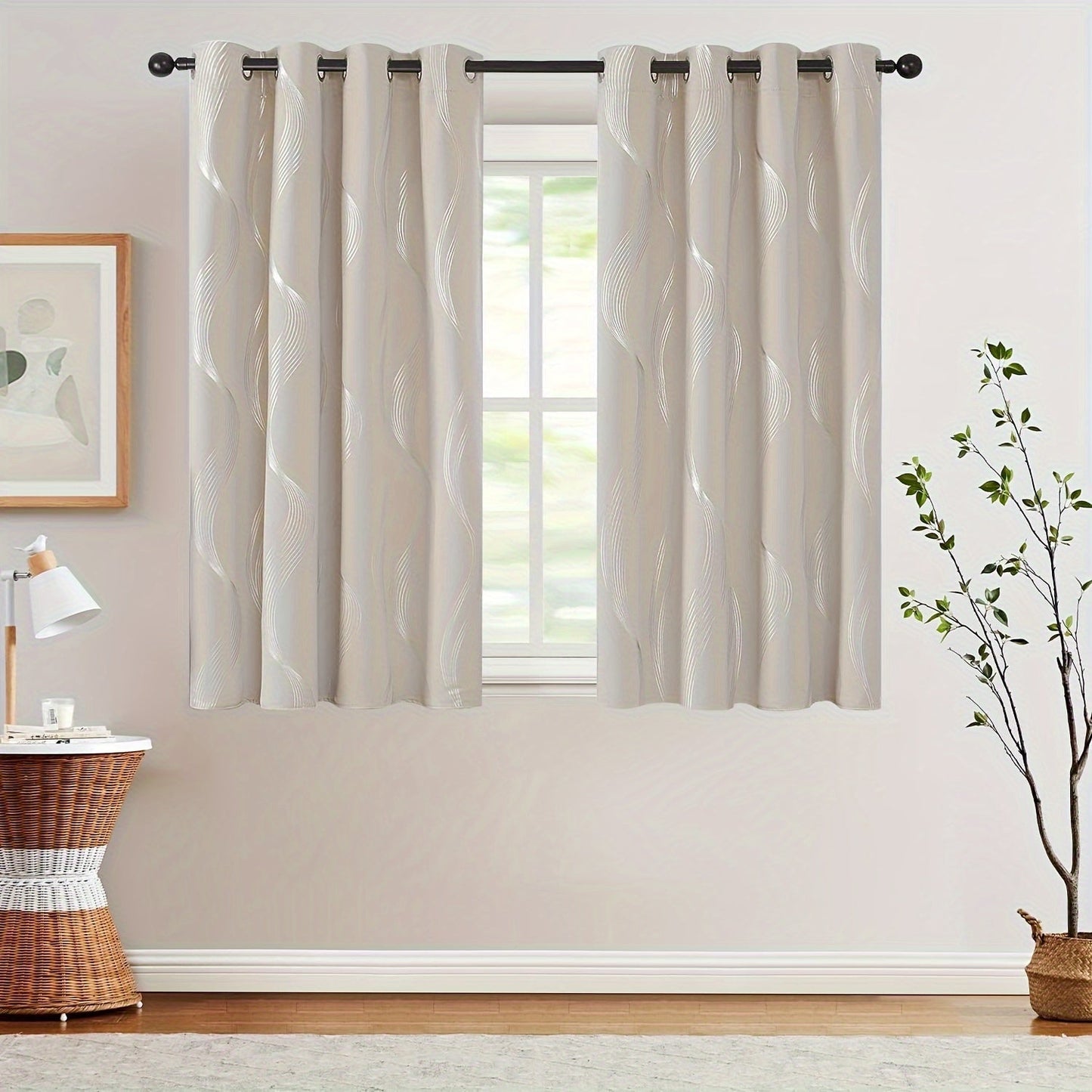 Two pieces of contemporary blackout curtains made from high-quality woven polyester, featuring a grommet top design for easy hanging. These room darkening drapes are machine washable and showcase a fantasy stripe pattern with eyelet detailing. Suitable